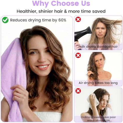 2 Pack Microfiber Hair Towel Wrap for Women, Large Fast Drying Hair Towel Turban, Ultra Thick Anti-Frizz, Double Stitched Edges & Stay in Place No Slip Design for Curly Long Wet Hair(Purple /Lavender) - Image 6