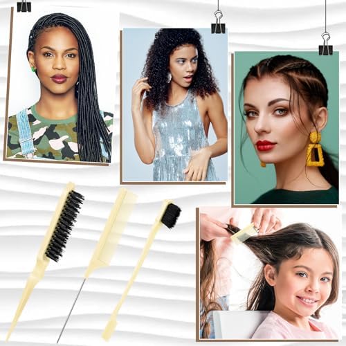 Geiserailie 3 Pcs Slick Back Hair Brush Set Bristle Brush, Beige - Image 7