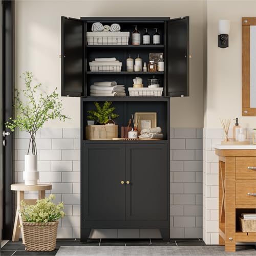 Bevivog Tall Pantry Cabinet with Microwave Shelf, 69" Metal Storage Cabinet with 4 Doors and Adjustable Shelves,Freestanding Metal Kitchen Hutch Cabinet, Black Pantry Closet Storage Shelves with Doors - Image 3