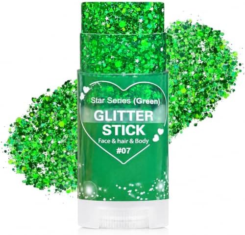Green Hair Glitter Stick, Green Face Body Glitter Makeup, School Spirit Week Game Day Cheer Accessories, Chunky Sequins for Halloween, St Patrick's Day, Rave Festival Singer Concert, Mardi Gras by Yeweian