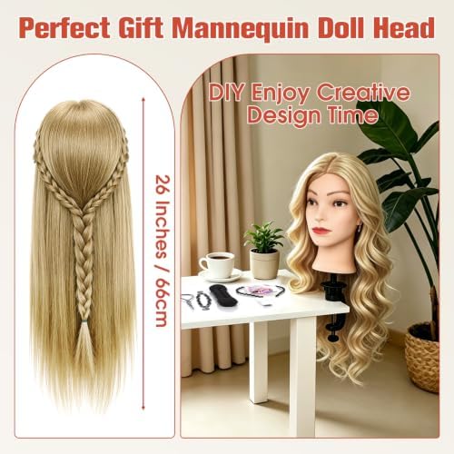 TopDirect 80% Mannequin Head Human Hair,26''Sandy Blonde Real Hair Mannequin Head,Cosmetology Manikin Head Doll Hair Styling Hairdressing Practice Training Wig Head with Clamp Holder and Tools - Image 7