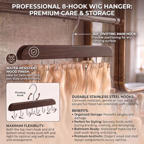 Hair Extension Holder for Hair Storing, Washing, Drying, Coloring, Styling, Foldable Hair Extension Hanger, Braiding Hair Rack, Rotating Multi-Purpose Hooks Hanger (1Pack Walnut Color) - Image 2