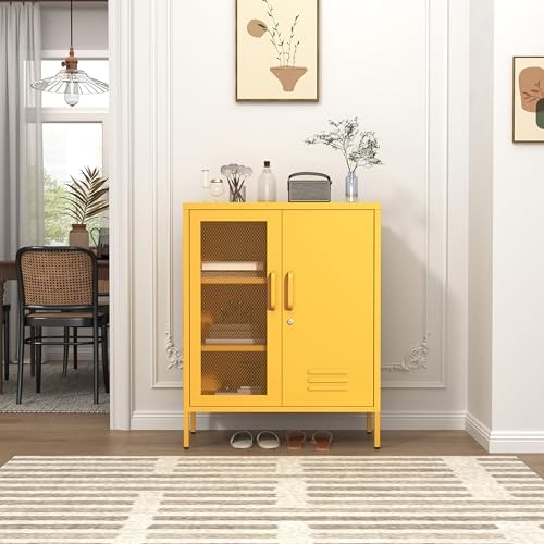 33" Metal Storage Cabinet with 2 Tier Removable Shelves Yellow Lockable Metal Bathroom Vanity Freestanding Sideboard with Mesh Doors for Home Living Room Bedroom Size：33" H X 29.5" W X 13.8" D - Image 3