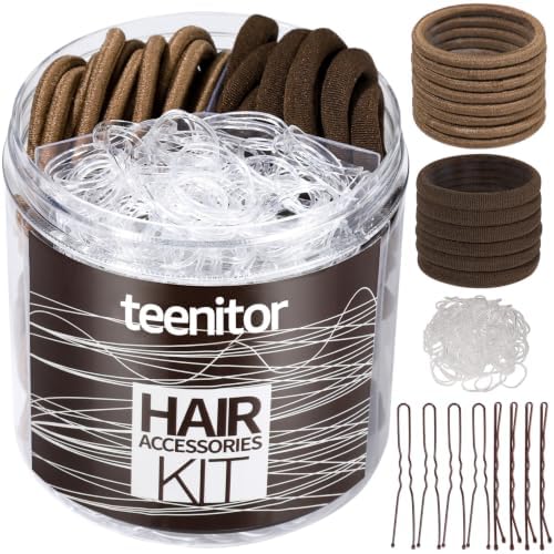 Teenitor Hair Accessories Kit for Woman & Girls: 500pcs Elastic Hair Bands; 30pcs Ponytail Holders, 30pcs Seamless Thick Hair Bands; 40pcs Bobby Hair Pins (Brown) by PERFECTYOURBEAUTY
