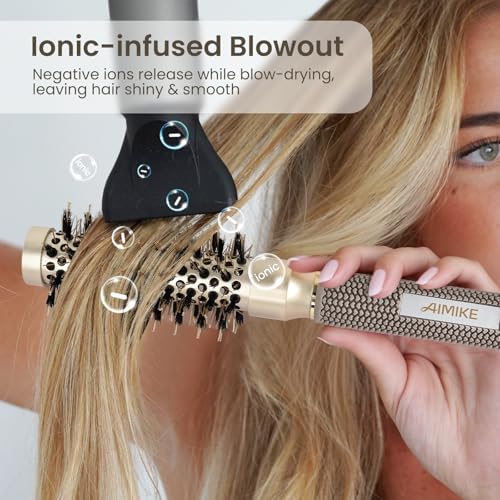 AIMIKE Round Hair Brush, 1 inch Barrel with Boar Bristles, Nano Thermal Ceramic & Ionic Tech, for Blow Drying, Styling, Curling and Shine + 4 Clips (Gold, Unisex, Fine Hair, Short Hair, Anti-Frizz) - Image 6