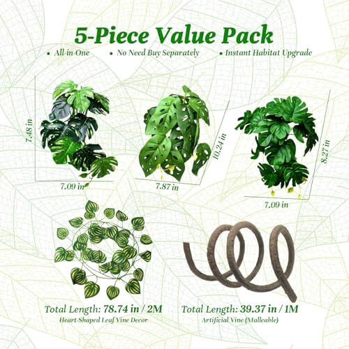 5 Pcs Reptile Plants & Habitat Decor Kit - 3 Artificial Plants & Large 5ft Jungle Vine Branch, Amphibian Habitat Hideout Tank Decorations fit Crested Gecko Leopard Lizard Chameleon Ball Python Frog - Image 4