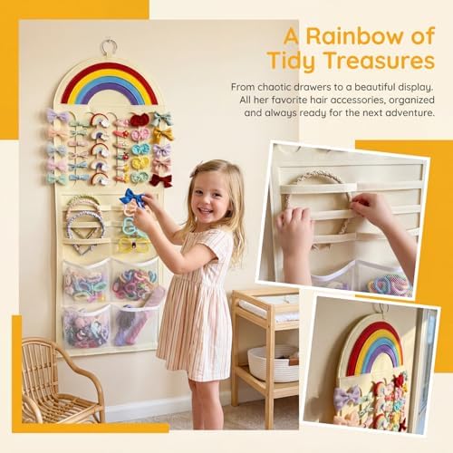 Rainbow Kids Hair Accessory Organizer Wall Hanging, Multi-Compartment Hanging Storage Bag for Hair Clips, Hair Ties, Headbands, Hair Bows,Space Saving Organizer for Girls Bedroom, Nursery - Image 2
