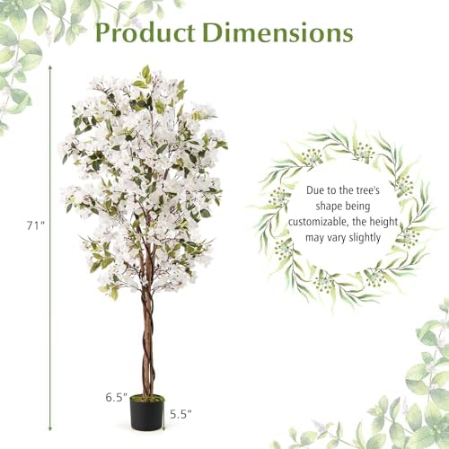 Goplus 6 FT Bougainvillea Artificial Tree, Faux Flower Tree in Pot with 910 Flowers, 105 Leaves, Real Wood Trunk, Tall Fake Floor Plant, Artificial Plants for Indoor Bedroom Living Room Decor, White - Image 7