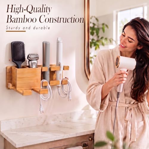 Wenqik Wall Mount Hair Tool Organizer Bamboo Hair Dryer Holder Tool Storage - Image 4