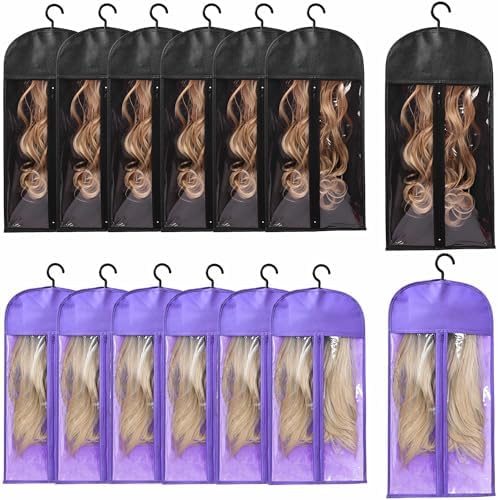 Wig Hanger - Dust-Proof Storage Organizer with Hook for Hair Extensions | Wig Bags Storage with Hanger | Wig Storage Bags for Perfect Wig Care(6PCS Black & 6PCS Purple) by KneysanMakeYourLifeBetter