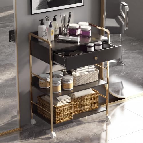 Salon Rolling Trolley with Lockable Wheels Barber Cart with Storage Drawer Mobile Hair Station Cabinet for Beauty Makeup Esthetician Spa Massage (Black+one Drawer+Two Shelves) - Image 7