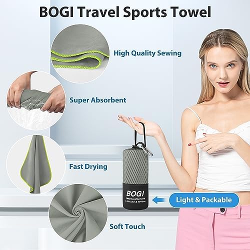 BOGI Microfiber Travel Sports Towel-Quick Dry, Soft Lightweight, Absorbent, Compact for Camping, Gym, Yoga, Swimming, Backpacking (XL:72''x32''+16''x16''-Grey) - Image 4