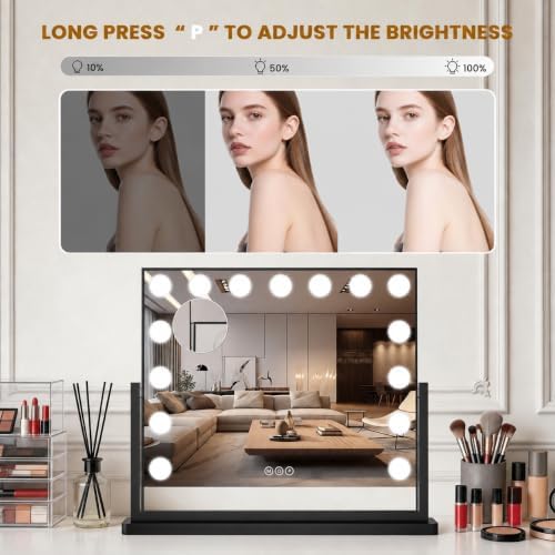 Vanity Mirror with Lights, 23"×19" Hollywood Makeup Mirror with 15 Dimmable Bulbs, 3-Color Lighting, Dimmable, 360° Rotation, 10x Magnification, Desk Mirror, Bedroom (Black) - Image 4
