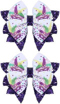 Mardi Gras Holiday Hair Bows for Girls, 3.5in Glitter Purple Sequins Ribbon Costume Bow Alligator Clips for Toddlers Teens Women Fat Tuesday Carnival Parade Accessories Gift Set 2 by KCHIES-AccessoryCollection