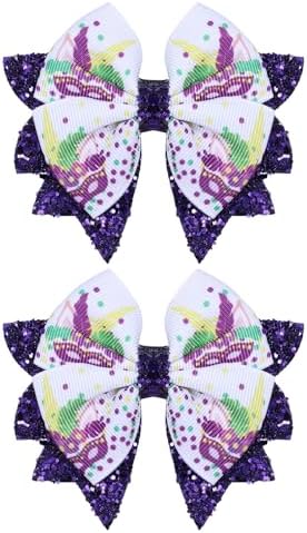 Mardi Gras Holiday Hair Bows for Girls, 3.5in Glitter Purple Sequins Ribbon Costume Bow Alligator Clips for Toddlers Teens Women Fat Tuesday Carnival Parade Accessories Gift Set 2 by KCHIES-AccessoryCollection