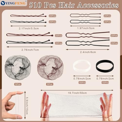 YINGFENG 510Pcs Women Hair Styling Set Bobby Pins U Clips Bun Nets Elastic Hair Ties Brown Black Hair Accessories for Daily Dance Hairstyle - Image 6