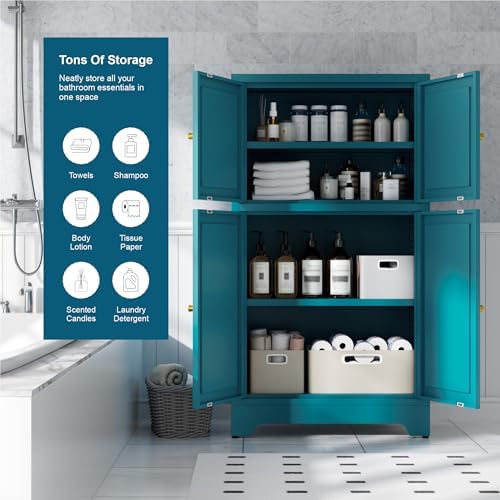 Bevivog Bathroom Floor Storage Cabinet,Metal Accent Cabinets with 4 Doors and 2 Adjustable Shelves,Blue Storage Locker Cabinets Organizer for Pantry Kitchen,Living Room,Hallway, Restroom - Image 6