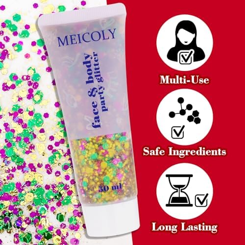 MEICOLY Mardi Gras Brazil Face Glitter Gel, Holographic Halloween Body Glitter, Skin-Friendly Hair Accessories for Kids & Adults, Gold Green Purple Mixed Game Day Spirit Day Hair Glitter - Image 5