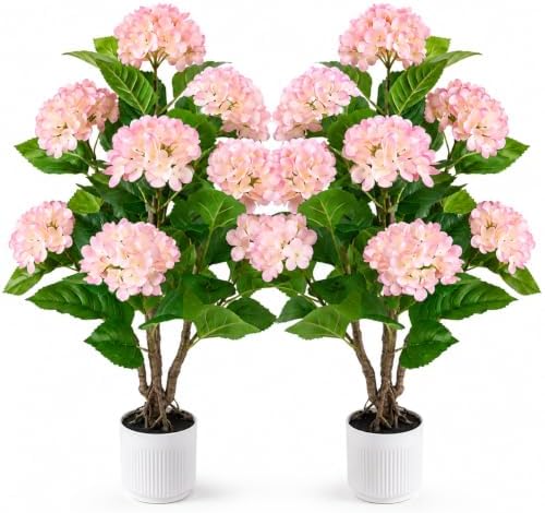 Faux Hydrangea Tree 2 Pack, 3FT Pink Artificial Flowering Plant by ICEYBLOOMS