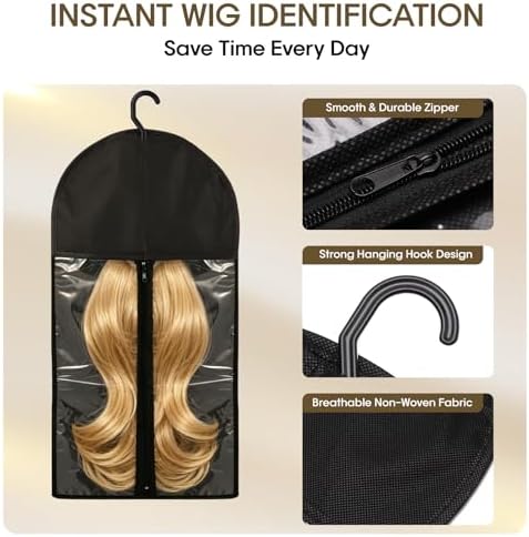 14Pcs Wig Storage Set with Hangers – 8 Small Bags for Hair Pieces +6 Extra Long for Full Wigs, Hair Extension Holder Organizer, Dust-Proof Anti-Tangle Wig Bags with Transparent Window for Home Travel - Image 3