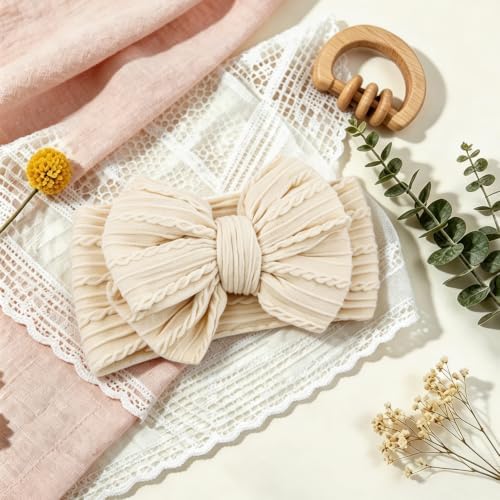 Baby Bows Headbands Soft Nylon Handmade Hair Accessories for Newborn Infant Toddler Kids (Beige, Large) - Image 5