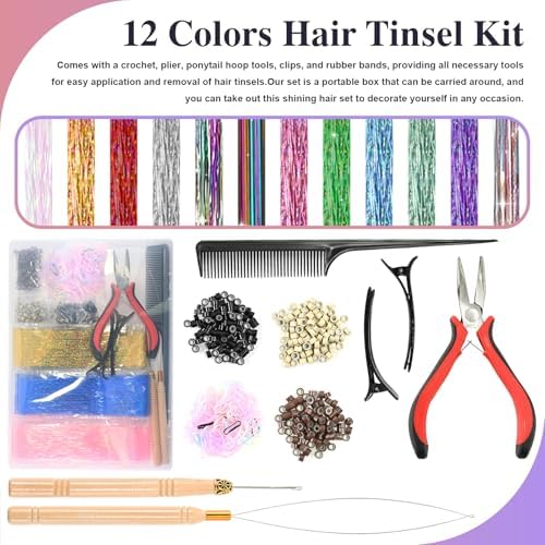 Leuceiy 12 Color 48" Hair Tinsel Kit, 3600 Strands Heat Resistant with Tool - Image 2