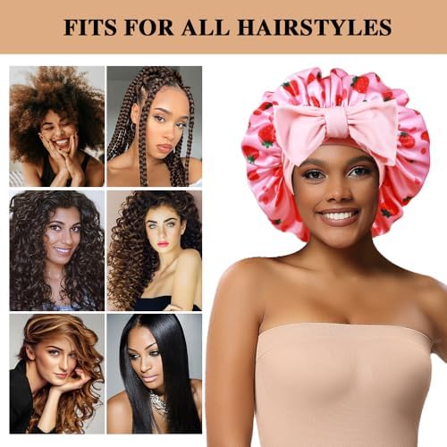 2+3 Large Satin Bonnets with Scrunchies for Women, Hair Bonnet Sleeping Tie Bonnet for Braids Curly Hair - Image 3