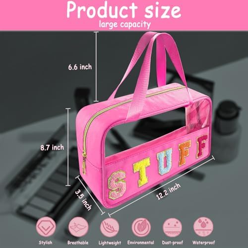 Bunliuys Chenille Letter Clear Makeup Bag Stuff Patch, Travel Toiletry Makeup Bag with Handle, Nylon Waterproof Makeup Bags clear cosmetic bag, preppy patch makeup bag for Women (STUFF-Hot Pink) - Image 2