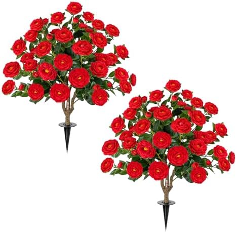 3FT Artificial Camellia Tree with Ground Spike, Full Bloom Fake Camellia Plant Outdoor, Dense Flower Artificial Trees for Front Porch Decor, Patio Garden Yard Decorations,Red,2 Pack by UFEH