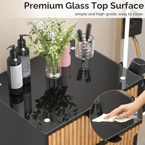 OmySalon Salon Station, Barber Station for Hair Stylist, Storage Cabinet with Glass Top & Drawers & Heat Resistant Dryer Holders, Modern Retro Style for Beauty Salon, Wood Black - Image 4