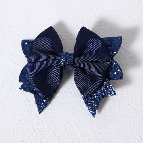 Navy Blue Glitter Hair Bow Alligator Clips 3.5" Aesthetic Ribbon Ponytail Hair Barrettes for Toddler Teen Baby Girls School Kids Birthday Wedding Party Dress Decor Accessories 2pc - Image 6