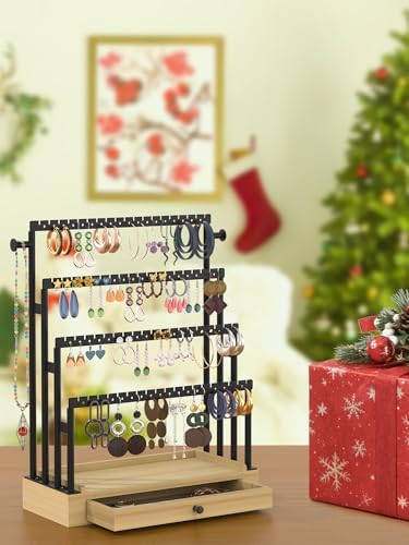 Earring Holder Organizer, 4-Tier Metal Jewelry Display Stand with Wooden Drawer, Large Earring Organizer for Studs, Hoops, and Dangles, Modern Earring Storage Rack for Vanity or Dresser - Image 6