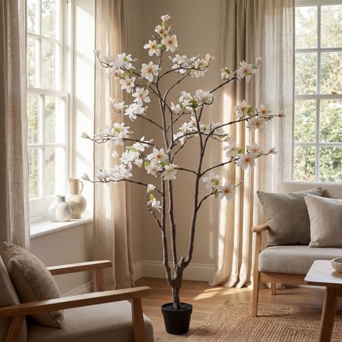 Giegxin 6 FT Tall Artificial Magnolia Tree, 72 Inches Faux Magnolia Trees Realistic UV-Resistant Flower Leaves Plant with Pot for Patio Home Office Wedding Living Room Indoor Outdoor Decor(White) - Image 6