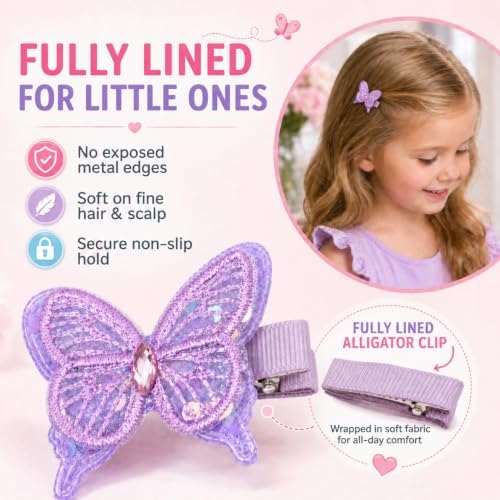 5 Pcs Butterfly Hair Bows Clips for Girls, Fully Lined Soft Fabric Alligator Clips, Safe Non-Slip Barrettes for Kids & Toddlers, Handmade Spring Accessories for Daily Wear - Image 2