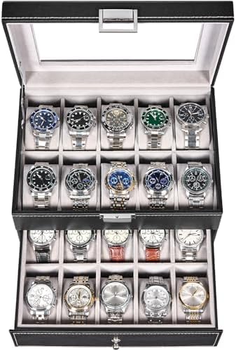 BEWISHOME Watch Case, 20-Slot Watch Box Organizer with Large Glass Lid by BEWISHOME