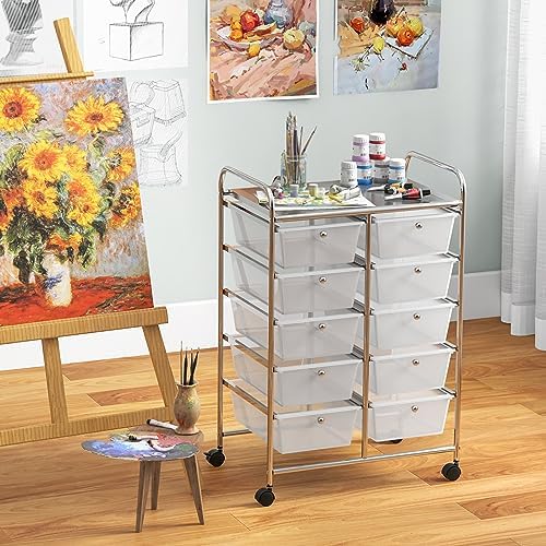 Giantex 10 Drawers Rolling Cart, Classroom Organizers, Storage Cart with Wheels, for Teacher Office Home School Supplies Tool Craft Art Paper, Clear White - Image 2