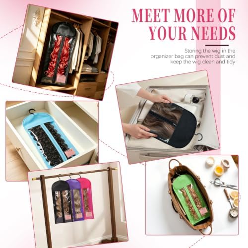 8PCS Wig Storage Bags with Hanger Hair Extension Holder Wig Bag-Pink - Image 4