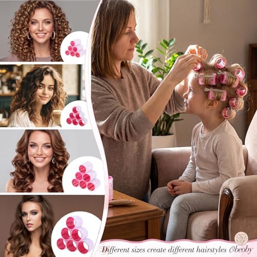 obeoby 4 Sizes Hair Rollers for Women Self-Grip Curlers Set, Cherry Print - Image 3