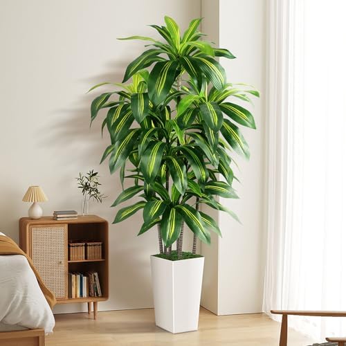 Artificial Dracaena Tree Indoor, 5FT Tall Fake Tree with White Tall Planter by PUUKU