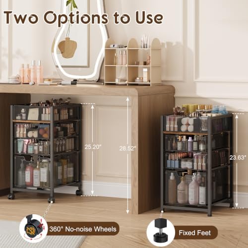 4-Tier Rolling Makeup Cart Organizer with 3 Drawers, Cosmetics Display with 2 Dividers, Floor Skincare Storage with Wheels, Versatile Vanity Organizer for Nail Polish Perfume Brush Hair Tool, Black - Image 4