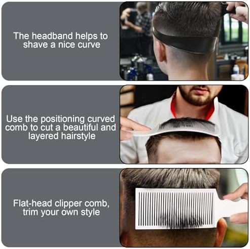 Fade Hair Trimming Guide for Men Haircut, Adjustable Silicone Curved Haircut Band, Curved Positioning Comb and Flat Top Comb for Home DIY Haircuts, Self Haircut Kit Guide Salon Styling Tools - Image 7