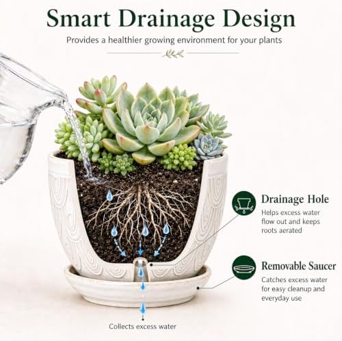 5.8 Inch Ceramic Pots for Plants, Large Succulent Pots with Drainage Hole & Saucer, Vintage Planter Pots for Indoor Plant Orchid, Cactus, Flower Pots Set of 4, Home Decor, White Black - Image 3