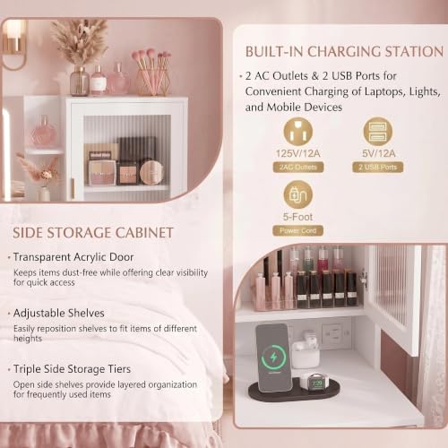 White Vanity Desk with Mirror and Lights, 49" Fluted Makeup Vanity Table with Glass Top, Charging Station, 5 Drawers, 2 Cabinet with Adjustable Shelves, Salon Station, Wood - Image 4