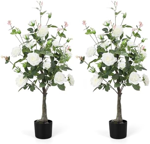 Romantic season 2Pack Artificial Rose Flower Trees, 42Inch White Faux Rose Tree with Green Leaves for Living Room Office Home Outdoor Indoor Decor by RomanticSeason