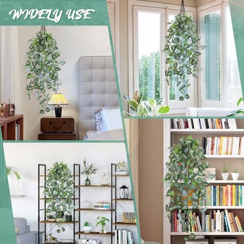 LOYWREE 39-in Long Fake Hanging Plant with Pot Faux Pothos Artificial Potted Plants Small Faux Ivy Vine Plant for Indoor Outdoor Aesthetic Office Living Room Shelf Decor (Black Pot) - Image 7