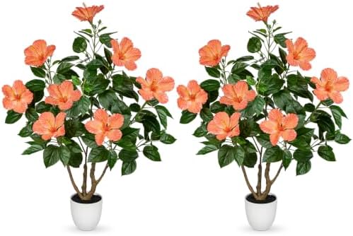 Briful 2.95ft Artificial Hibiscus Trees 2 Pack, Faux Tropical Plants by Briful