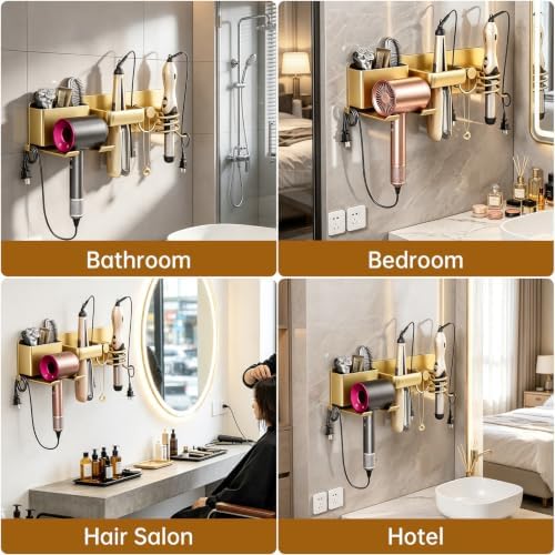5 in 1 Hair Dryer Holder Hair Tool Organizer Metal Wall Mount (Gold) - Image 7