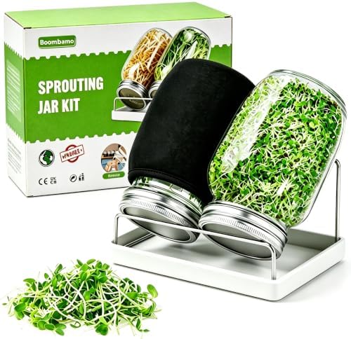 Premium Sprouting Jar Kit 2-Large Wide Mouth Mason Jar with Sprouting Lids by Boombamo