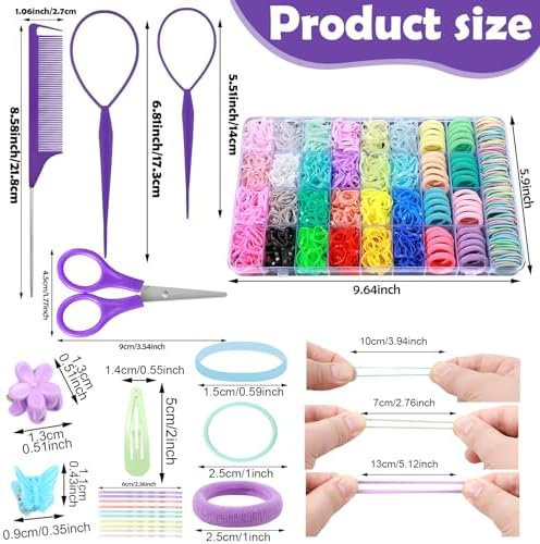 Auroray Hair Accessories for Girls, 1784 Pcs Elastic Ties Set 24 Color Rubber Bands With Organizer Box Cotton Baby Ties Styling Tool Set Clips Elastic Cutter Scissor - Image 2