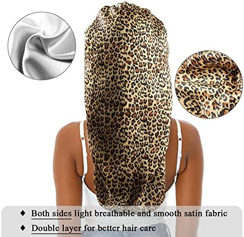 Extra Large Satin Bonnet Silky Sleep Cap for Women, Double-Layer Long Hair Bonnet with Tie Band for Braids/Curly/Long Hair - Leopard - Image 4
